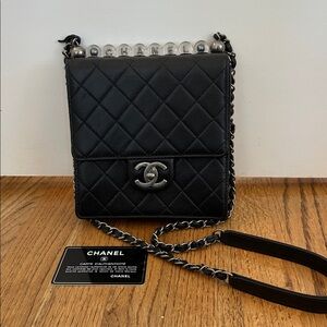 Chanel Chic Pearls Flap Bag Quilted Goatskin with Acrylic Beads Mini Black